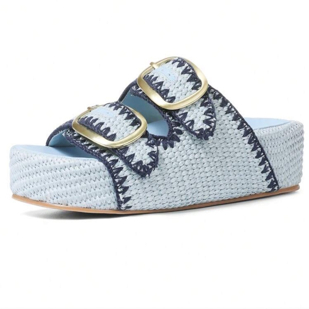 Light Blue Woven Platform Sandals with Buckles
